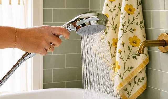 A hand holding the Anespa shower head as softened water flows, against sage-green tile